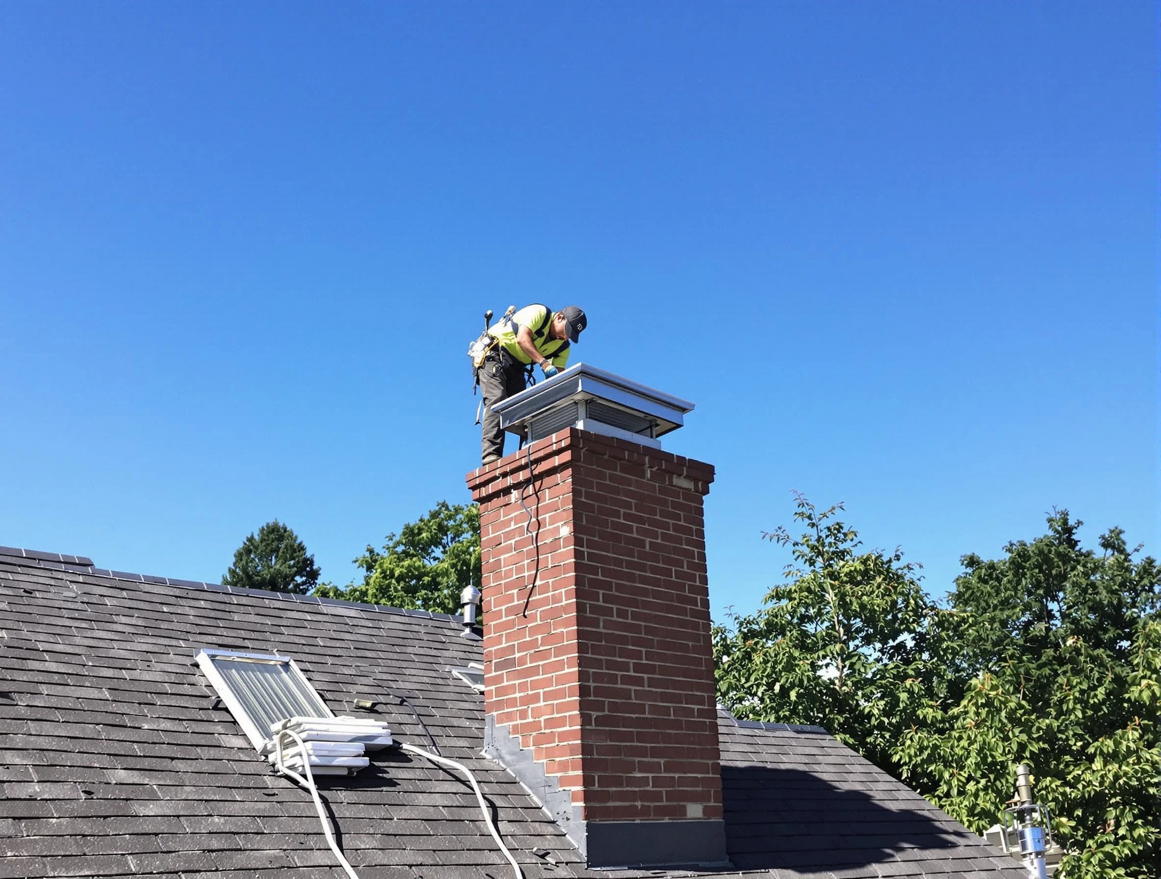 Berkley Chimney Sweep technician measuring a chimney cap in Berkley, CO