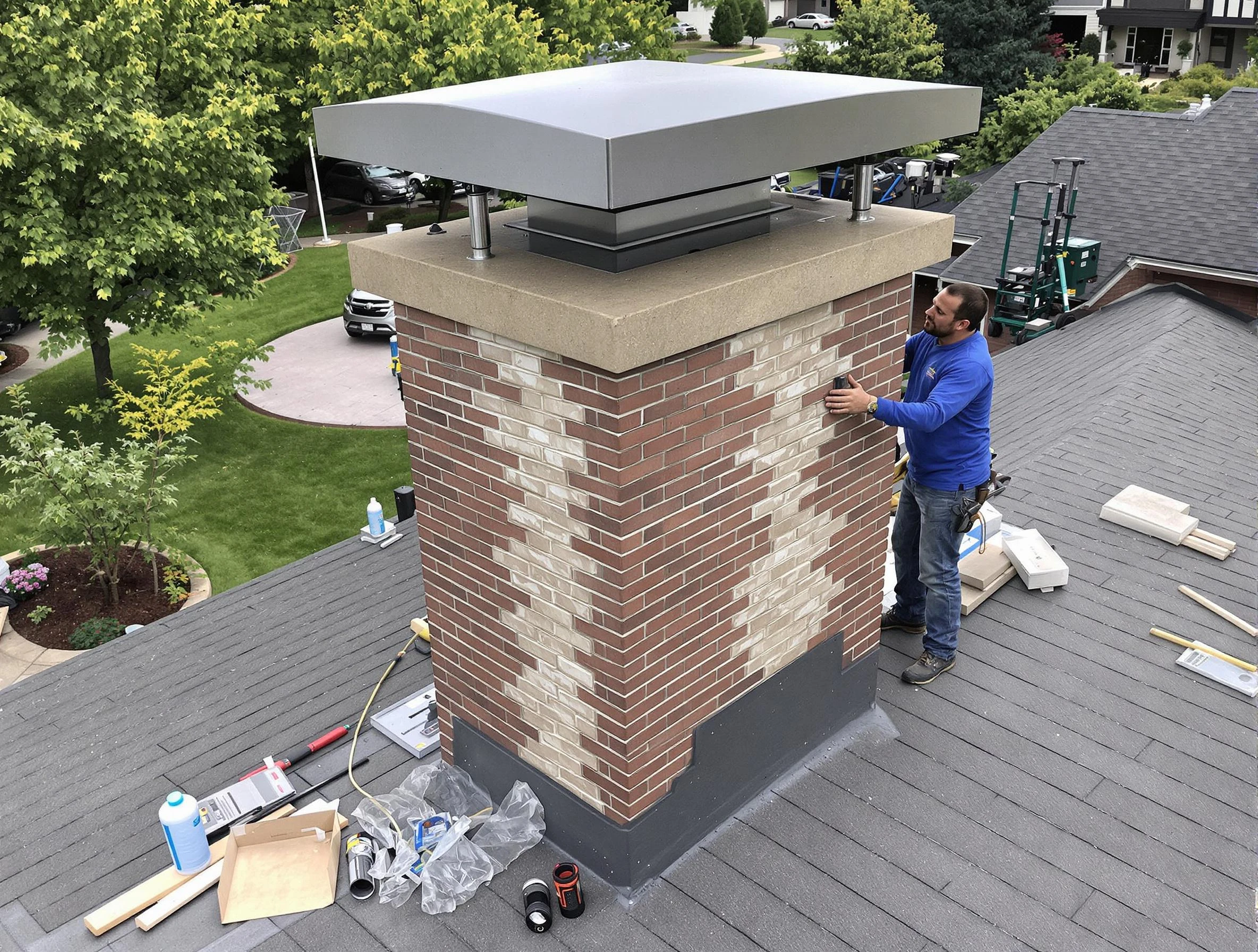 Berkley Chimney Sweep team working on a custom chimney remodel in Berkley, CO